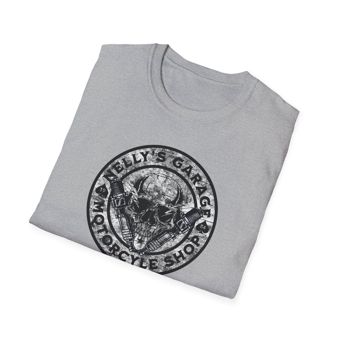 Garage Skull Motorcycle T‑Shirt — "Nelly's Garage" Vintage Biker Tee