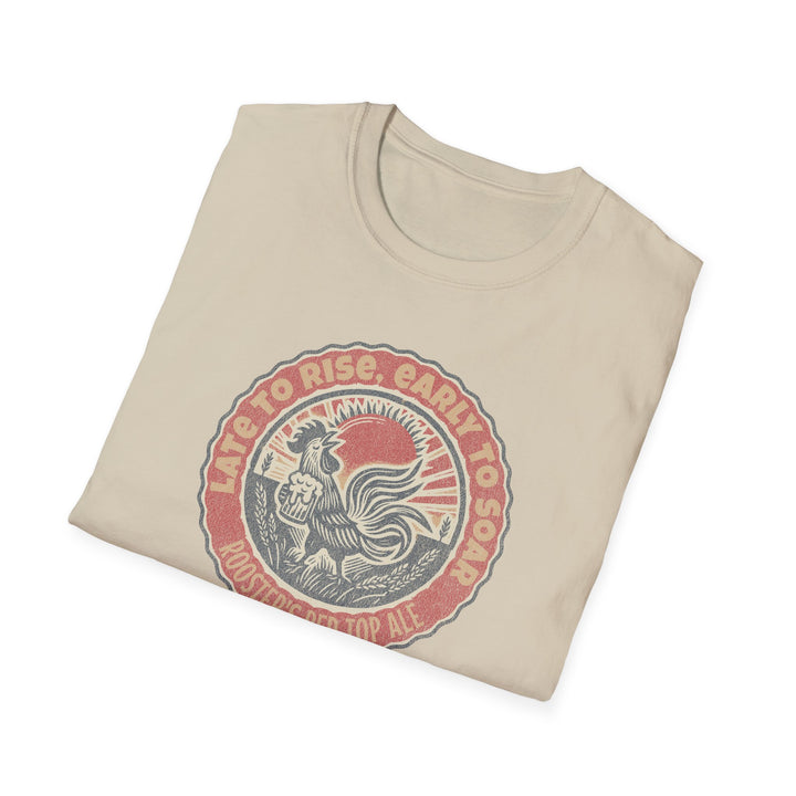 Rooster Graphic T-Shirt — "Late to Rise, Early to Soar" Vintage Beer Tee