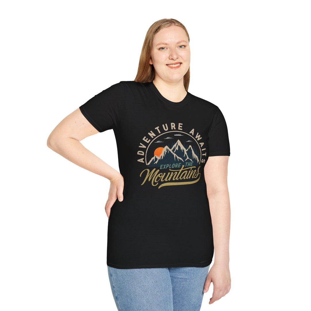 Adventure Awaits Explore the Mountians Unisex Softstyle T-Shirt – Perfect for Outdoor Enthusiasts