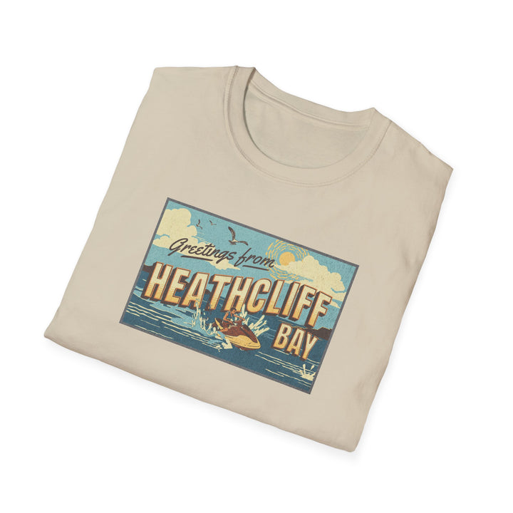 Heathcliff Bay Vintage Postcard T-Shirt — "Greetings from Heathcliff Bay" Retro Beach Tee