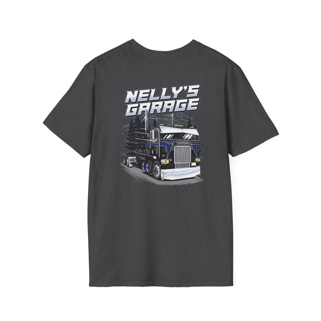 Truck Garage T-Shirt — "Nelly's Garage" Retro Cabover Semi-Truck Tee