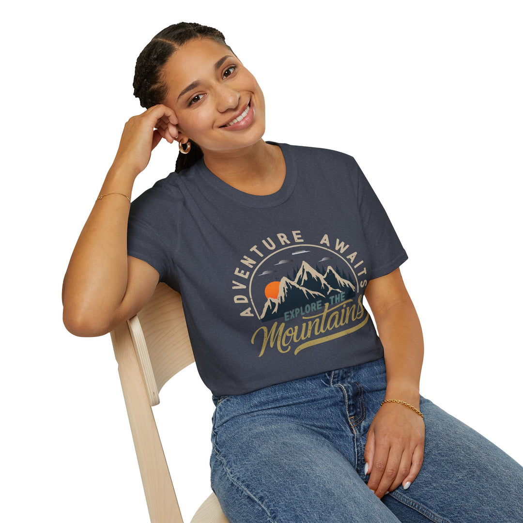 Adventure Awaits Explore the Mountians Unisex Softstyle T-Shirt – Perfect for Outdoor Enthusiasts