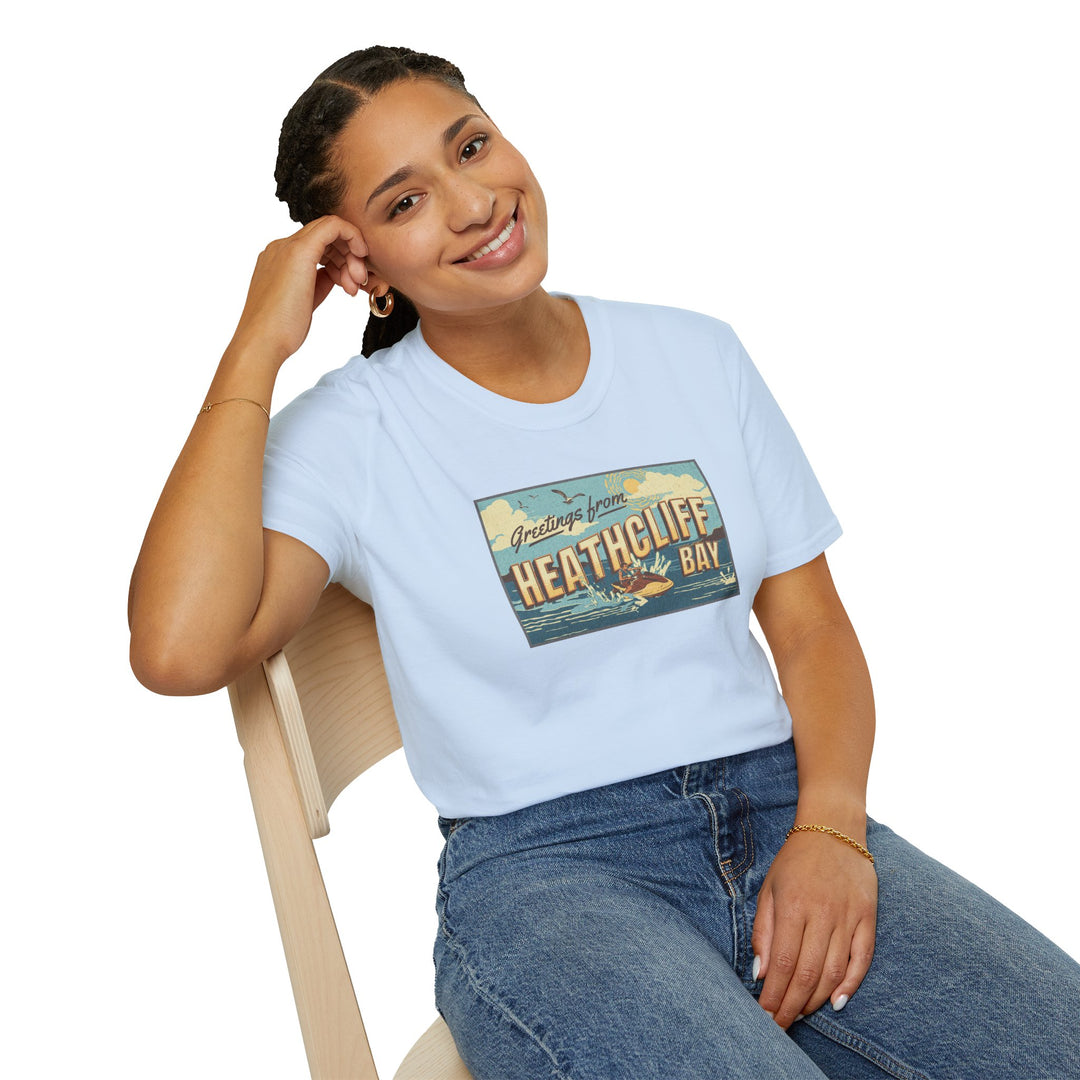 Heathcliff Bay Vintage Postcard T-Shirt — "Greetings from Heathcliff Bay" Retro Beach Tee