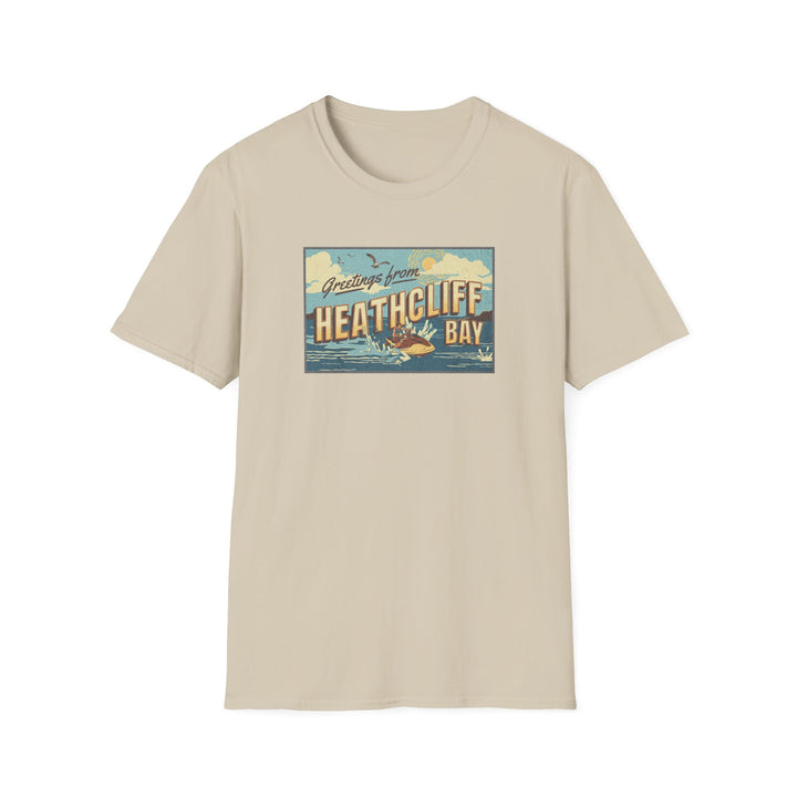 Heathcliff Bay Vintage Postcard T-Shirt — "Greetings from Heathcliff Bay" Retro Beach Tee