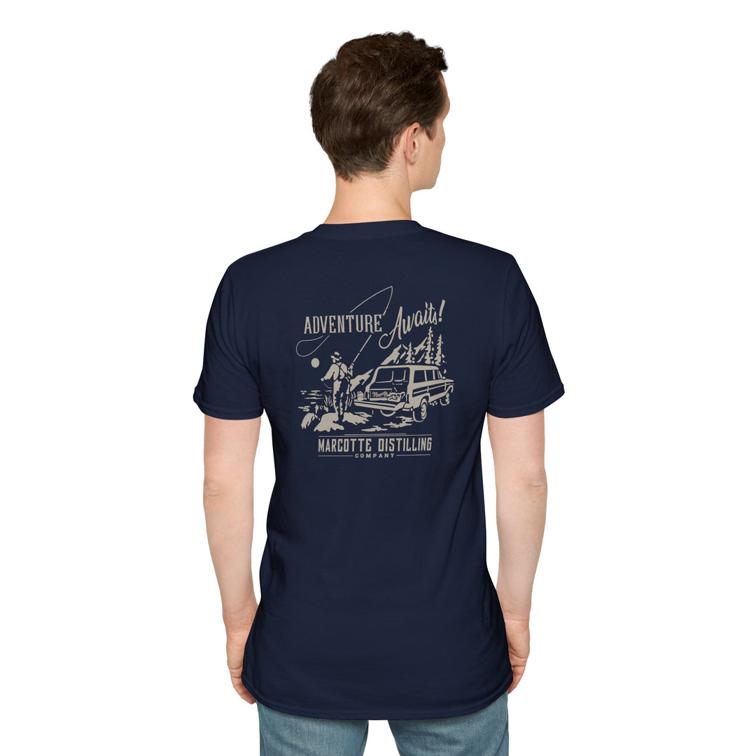 Adventure Awaits T-Shirt — Marcotte Distilling Co Retro Outdoor Logo Tee