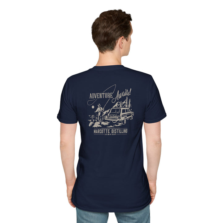 Adventure Awaits T-Shirt — Marcotte Distilling Co Retro Outdoor Logo Tee