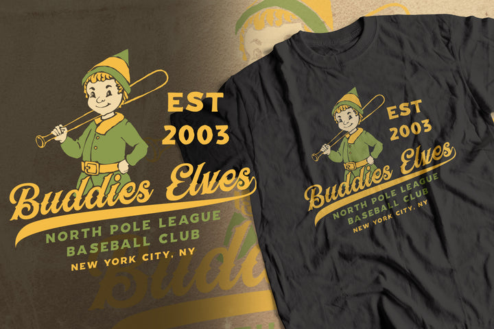 Buddies Elves Baseball T-Shirt – 'Est 2003' North Pole Club Vintage Tee