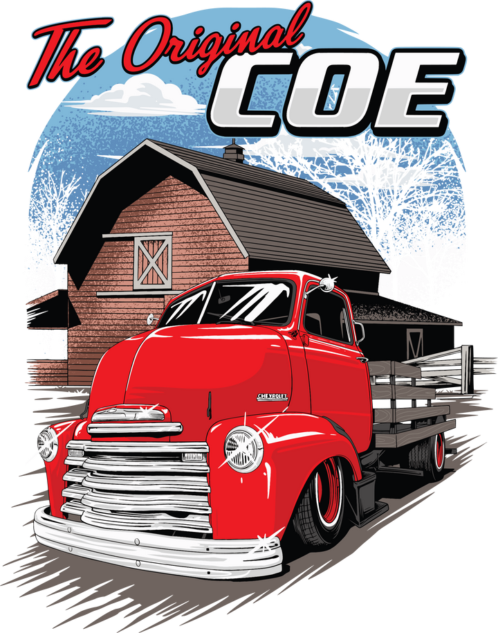 The Original Coe Truck T-Shirt - Retro Red Pickup Barn Graphic Tee