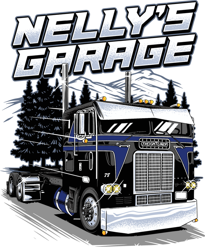 Truck Garage T-Shirt — "Nelly's Garage" Retro Cabover Semi-Truck Tee