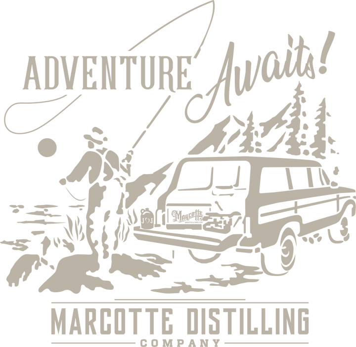 Adventure Awaits T-Shirt — Marcotte Distilling Co Retro Outdoor Logo Tee