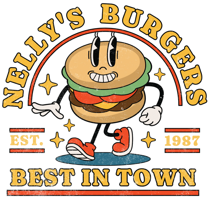 T-Shirt — "Nelly's Burgers: Best in Town" Retro Burger Graphic Tee