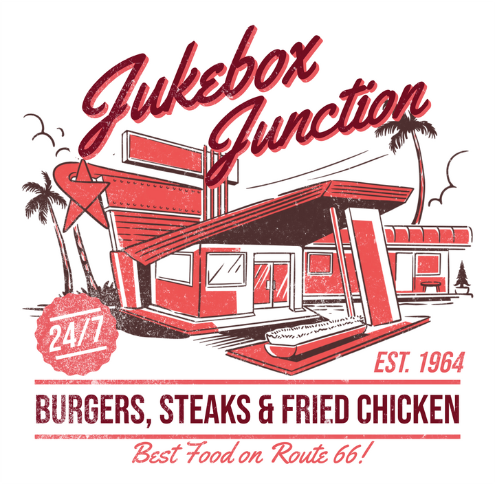 T-Shirt — Jukebox Junction Retro Diner Tee (Burgers, Steaks & Fried Chicken)