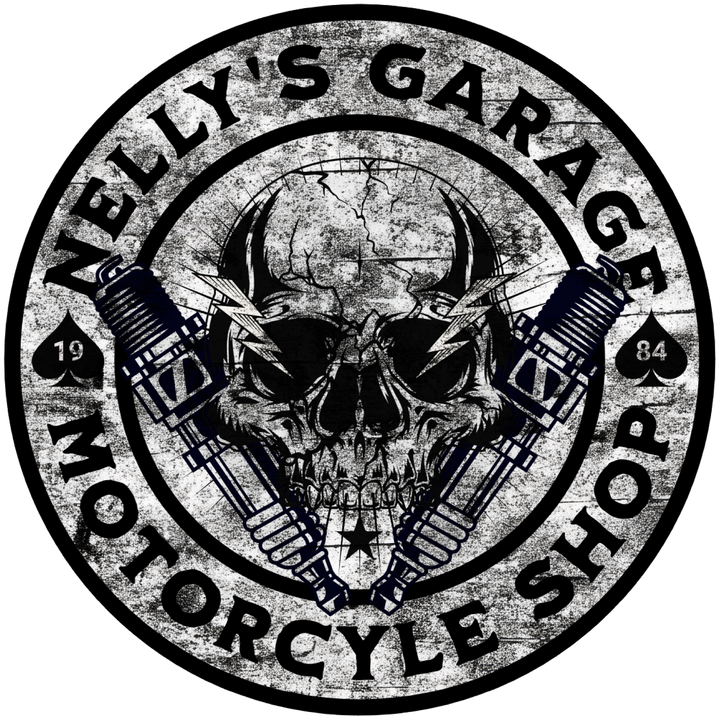 Garage Skull Motorcycle T‑Shirt — "Nelly's Garage" Vintage Biker Tee