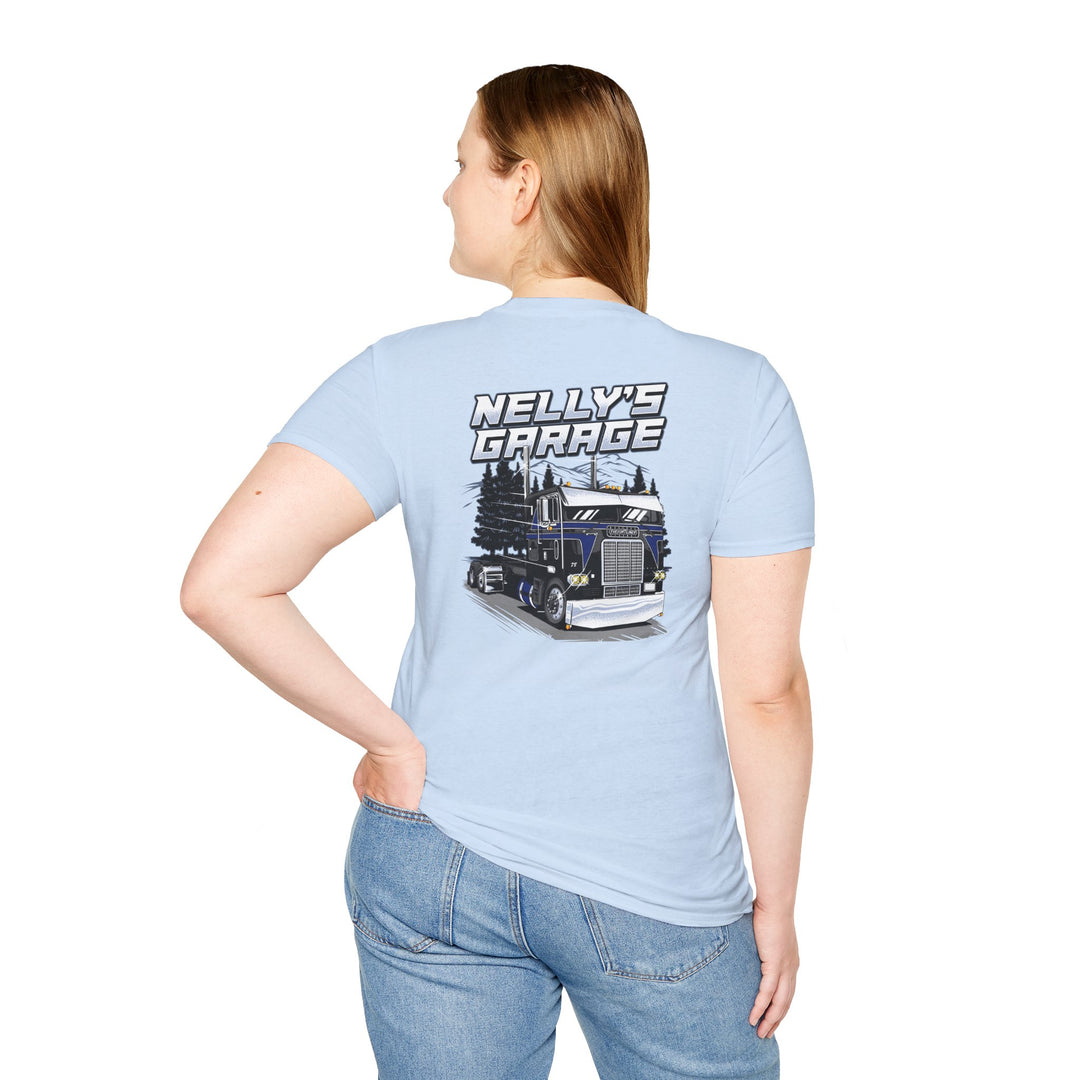 Truck Garage T-Shirt — "Nelly's Garage" Retro Cabover Semi-Truck Tee