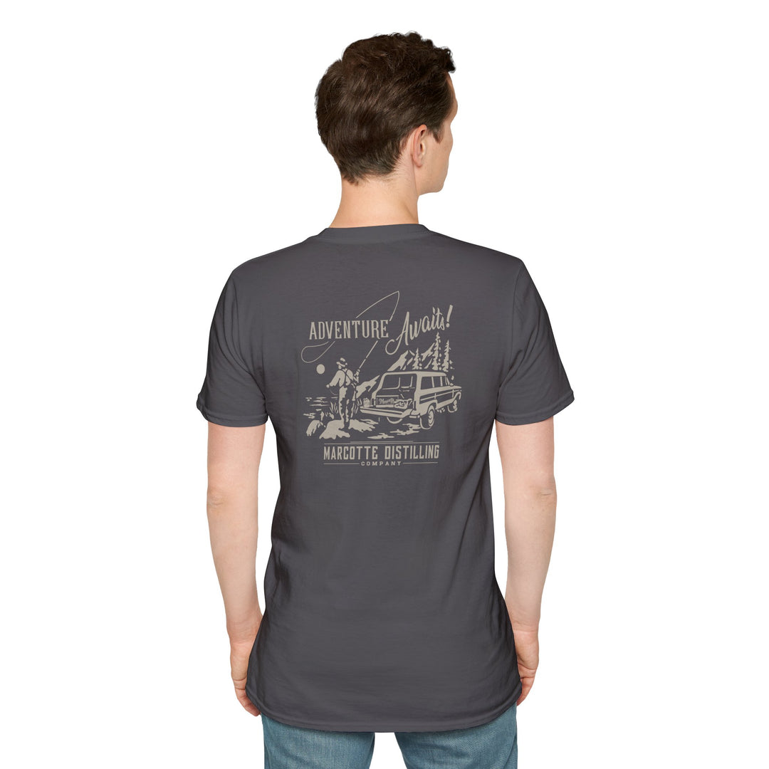 Adventure Awaits T-Shirt — Marcotte Distilling Co Retro Outdoor Logo Tee