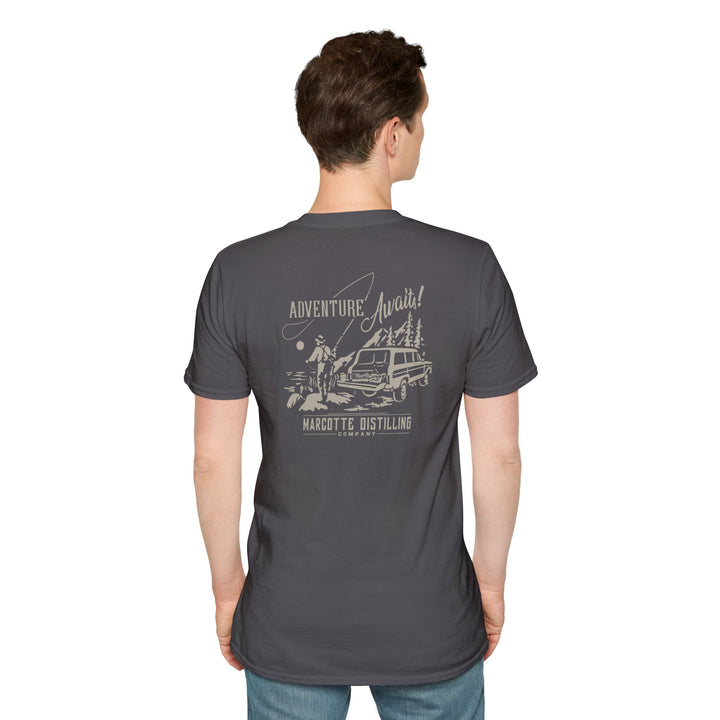 Adventure Awaits T-Shirt — Marcotte Distilling Co Retro Outdoor Logo Tee