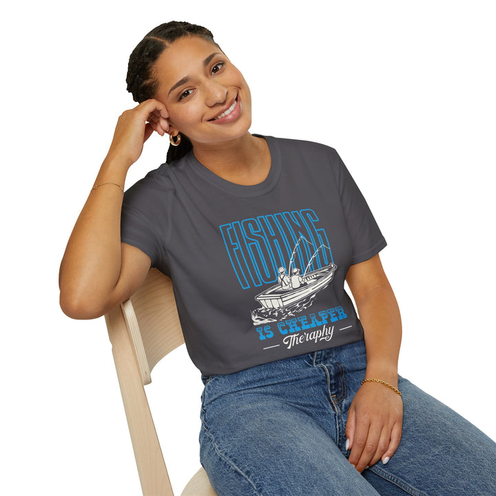 Fishing Is Cheaper Than Therapy T-Shirt — Boat Angler Graphic Tee