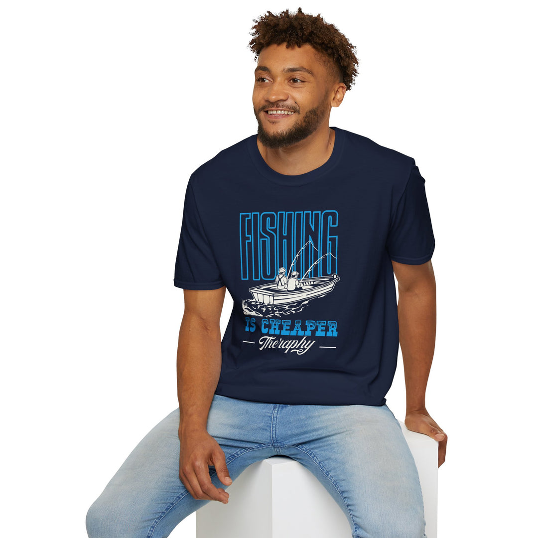 Fishing Is Cheaper Than Therapy T-Shirt — Boat Angler Graphic Tee