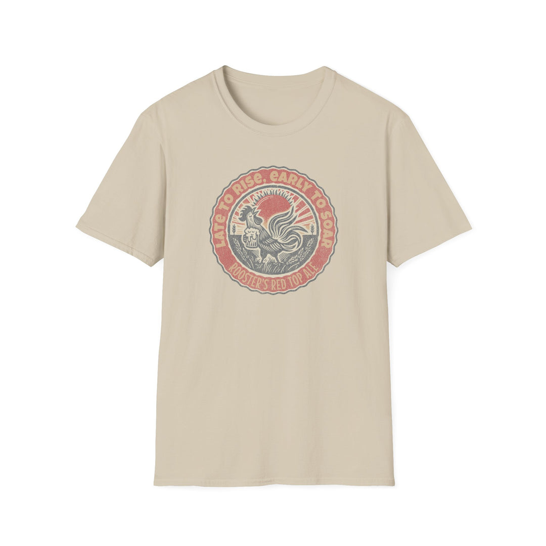 Rooster Graphic T-Shirt — "Late to Rise, Early to Soar" Vintage Beer Tee