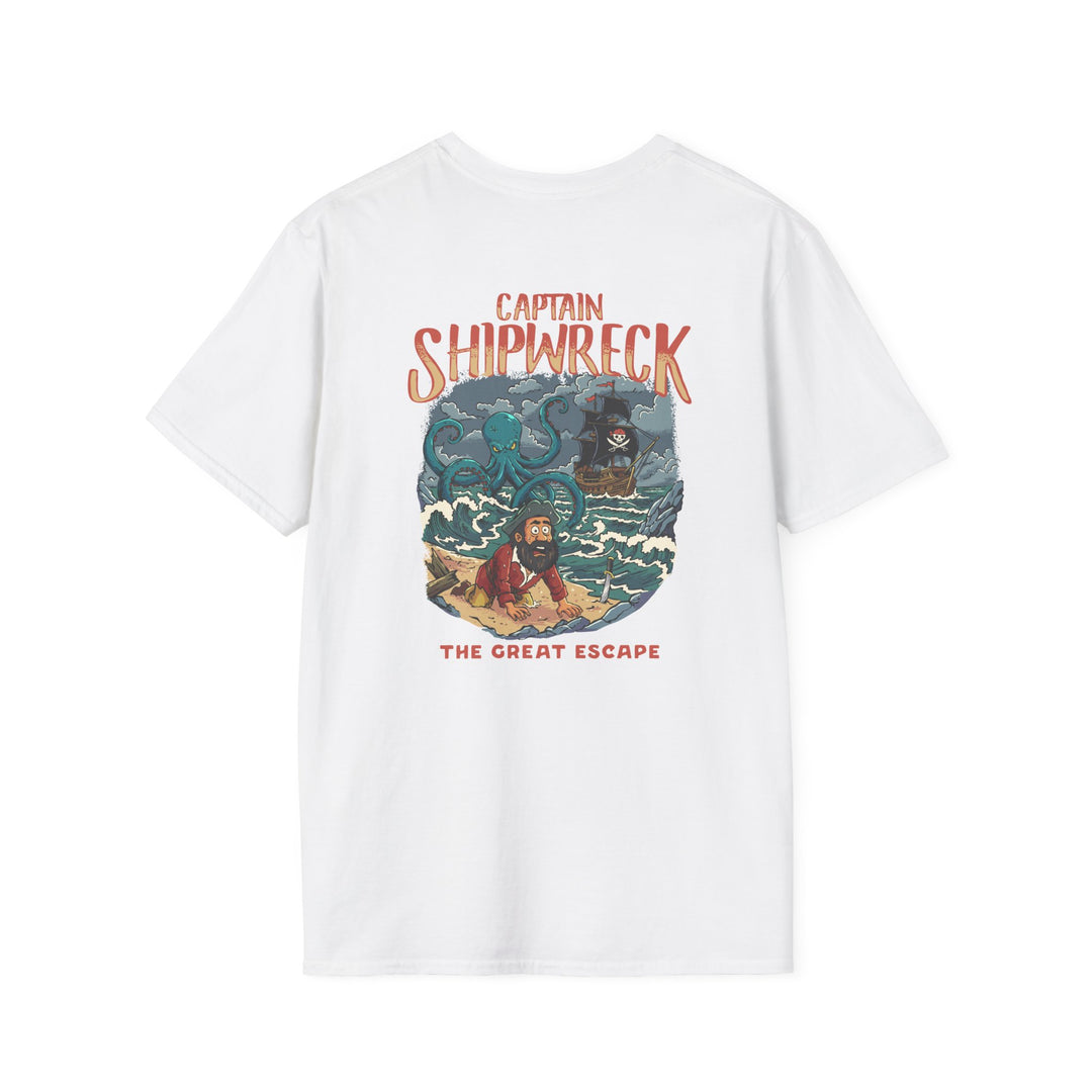 Shipwreck Captain T-Shirt – “Captain Shipwreck: The Great Escape” Graphic Tee