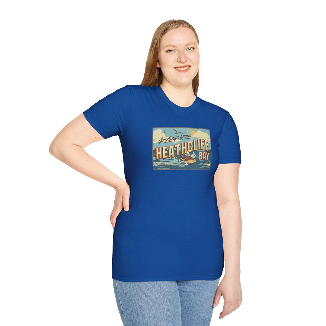 Heathcliff Bay Vintage Postcard T-Shirt — "Greetings from Heathcliff Bay" Retro Beach Tee