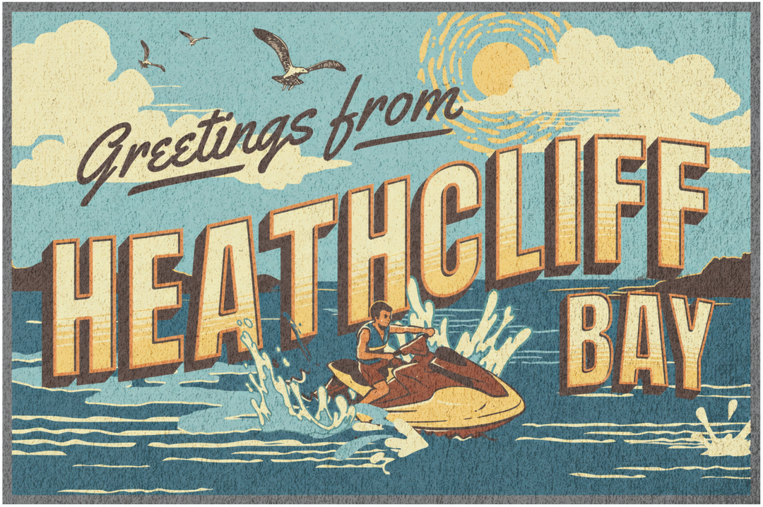 Heathcliff Bay Vintage Postcard T-Shirt — "Greetings from Heathcliff Bay" Retro Beach Tee