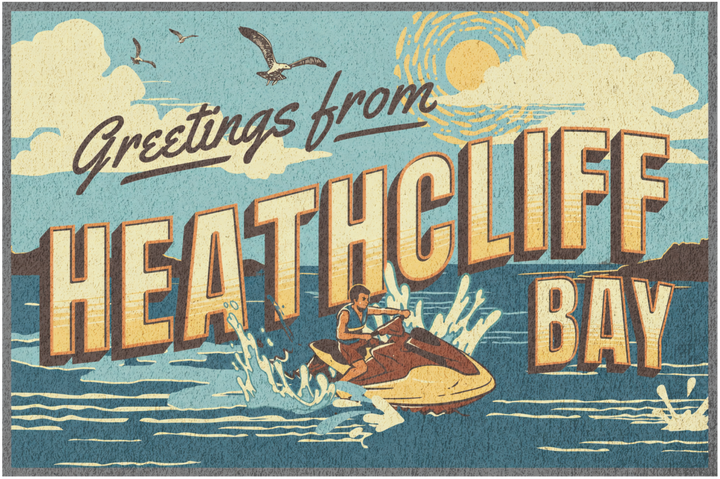 Heathcliff Bay Vintage Postcard T-Shirt — "Greetings from Heathcliff Bay" Retro Beach Tee