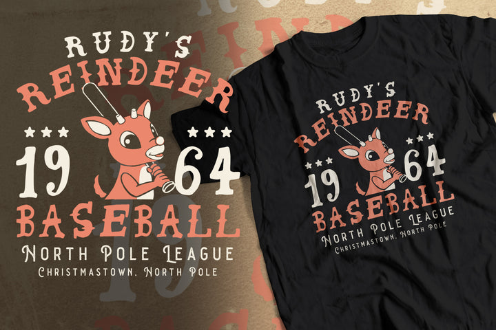 Rudy’s Reindeer Baseball Tee – North Pole League Vintage Christmas T‑Shirt (1964)